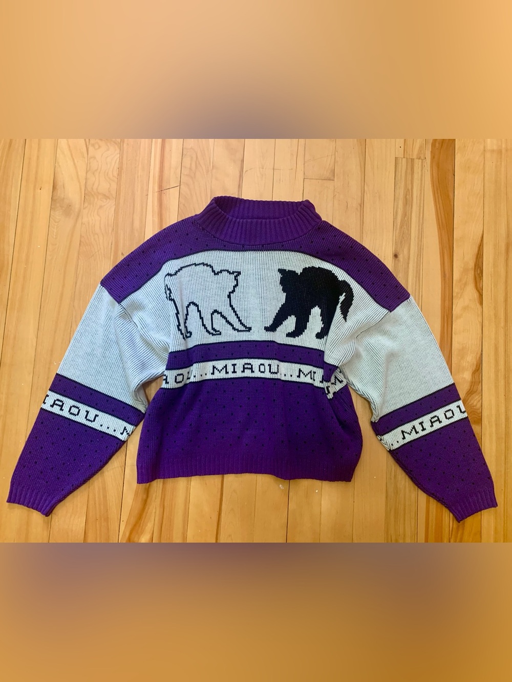 Purple & Cream Cat Motif Knit Sweater